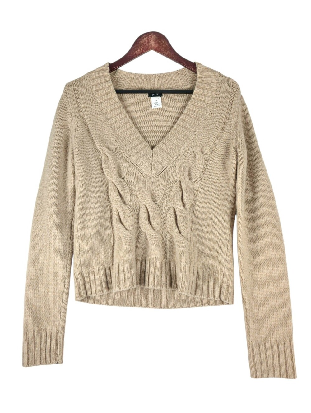 J. Crew Cashmere Blend Cable Knit V-Neck Sweater Tan Camel Minimalist Medium